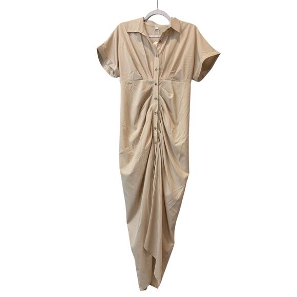 Neutral Shirt Dress Long Length S Ruching Short Sleeve Lightweight New With Tags - Picture 1 of 5
